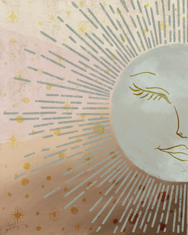 Celestial Blue Sun By Elizabeth Medley (Framed Small) - Light Brown