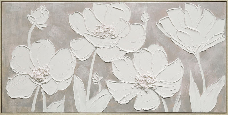 "Textured Blossoms" Hand-Painted Canvas In Frame - White / Gray
