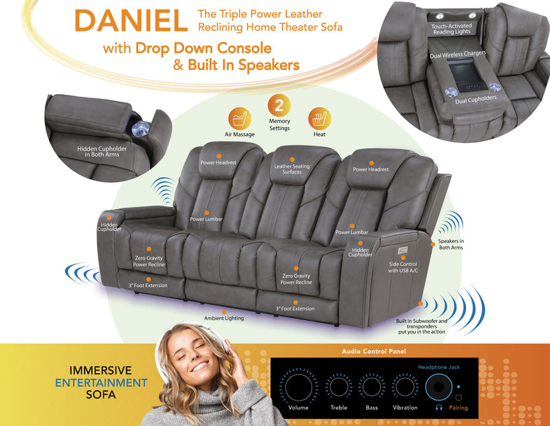 Daniel Triple Power Home Theater Leather Reclining Sofa