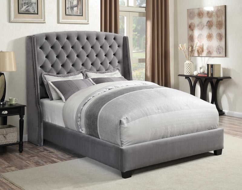 Pissarro Transitional Upholstered Grey and Chocolate Queen Bed - Austin's Furniture Depot (Austin,TX)