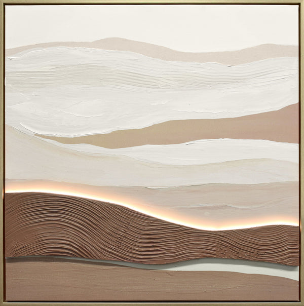 "Desert Glow II" Hand-Embellished LED In Frame - Beige / Brown / White