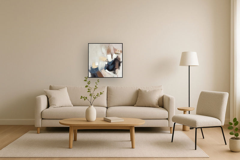 "Abstract Harmony I" Hand-Embellished Canvas In Frame - Brown / Blue / Beige / White / Black